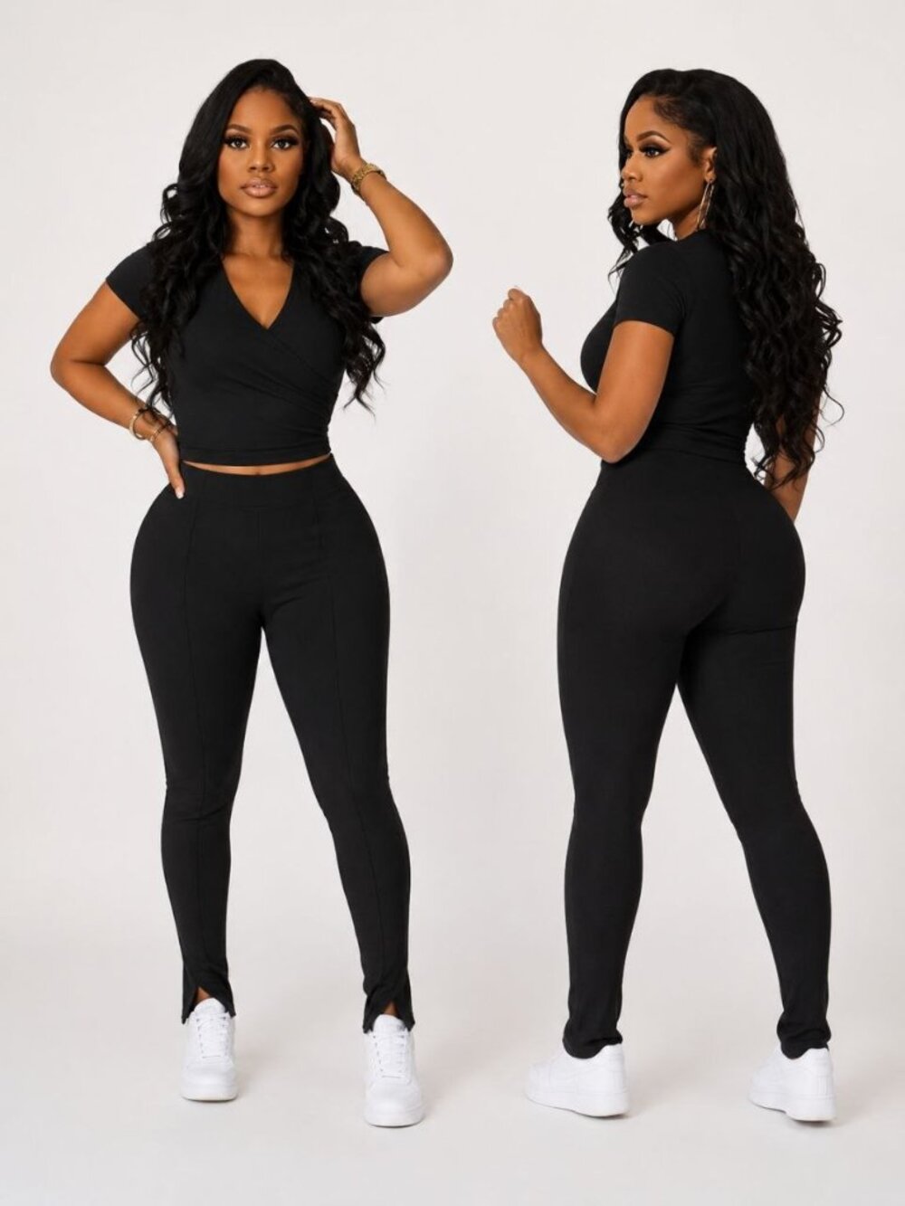 Women’s Black 2 Piece Pant Set Ruched Wrap Top & Straight Leg Pants